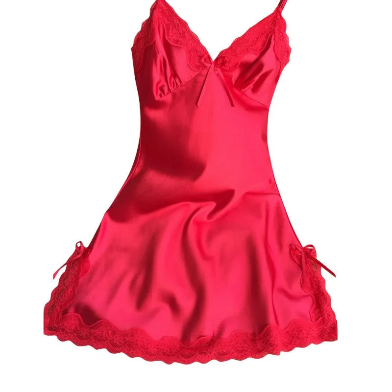 Ladies Silk Satin Night Dress Sleeveless V-neck Nightgown Lace Sleepwear For Women