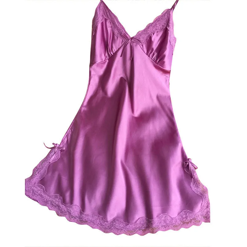 Ladies Silk Satin Night Dress Sleeveless V-neck Nightgown Lace Sleepwear For Women