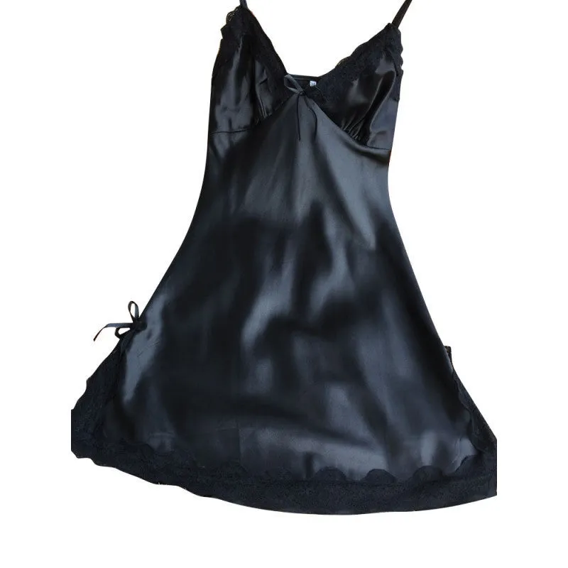 Ladies Silk Satin Night Dress Sleeveless V-neck Nightgown Lace Sleepwear For Women
