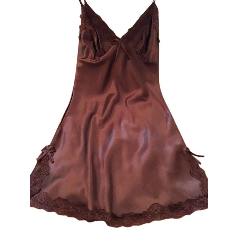 Ladies Silk Satin Night Dress Sleeveless V-neck Nightgown Lace Sleepwear For Women