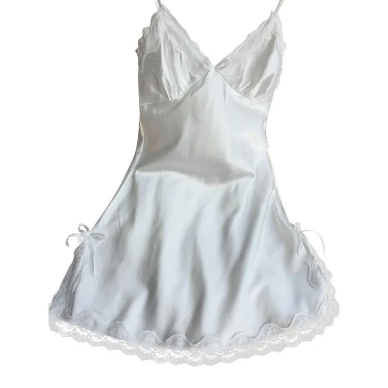Ladies Silk Satin Night Dress Sleeveless V-neck Nightgown Lace Sleepwear For Women