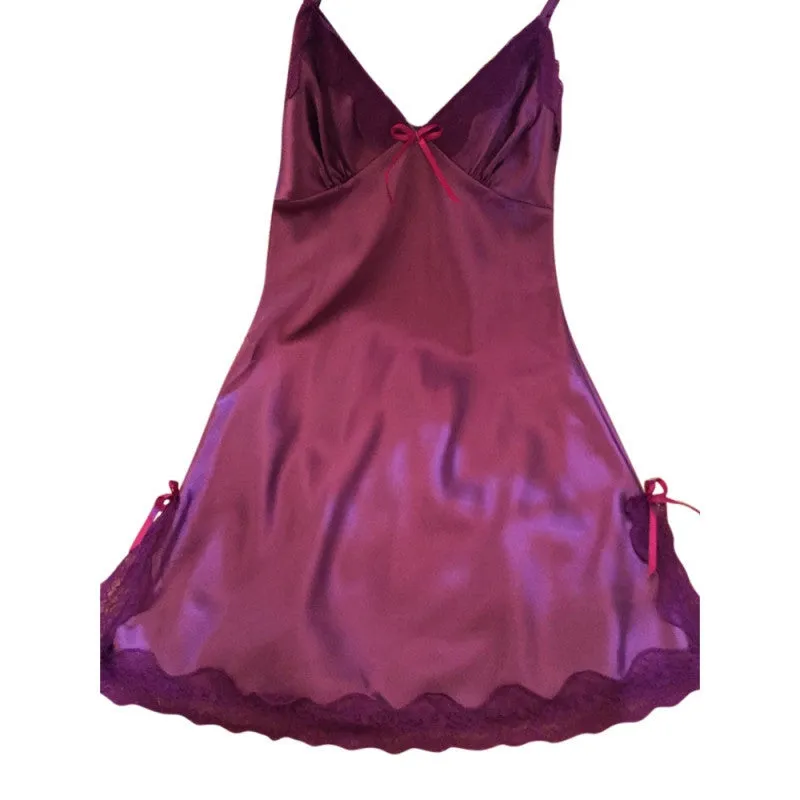 Ladies Silk Satin Night Dress Sleeveless V-neck Nightgown Lace Sleepwear For Women
