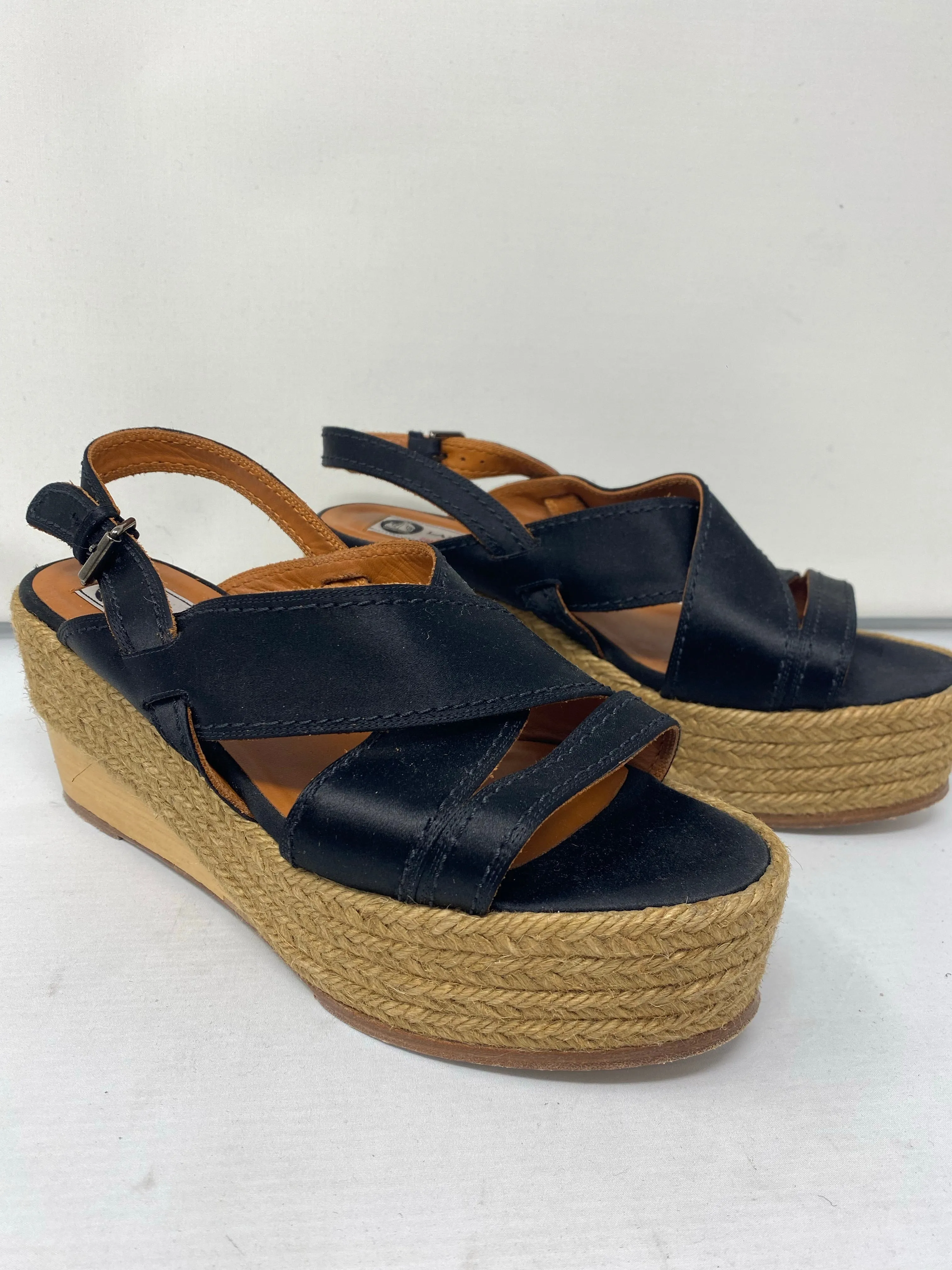 Lanvin Black Satin Wedge Platform Sandal