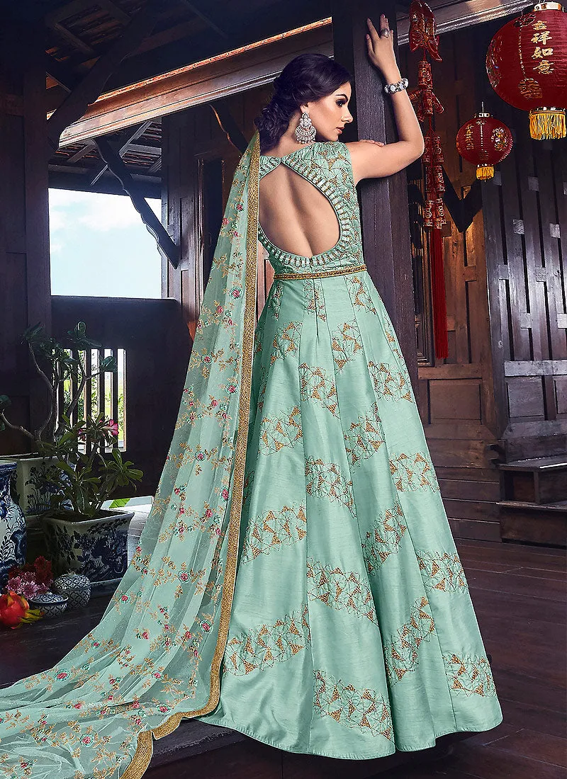 Light Blue Golden Embroidered Silk Anarkali Suit