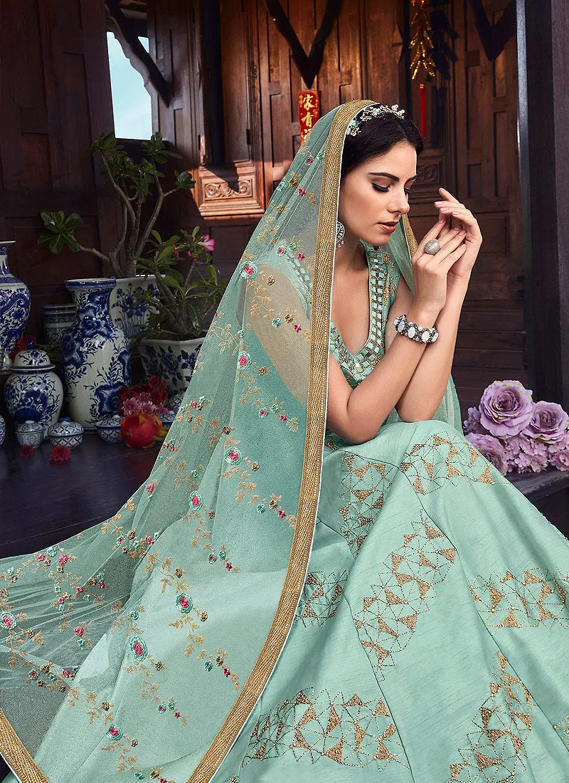 Light Blue Golden Embroidered Silk Anarkali Suit