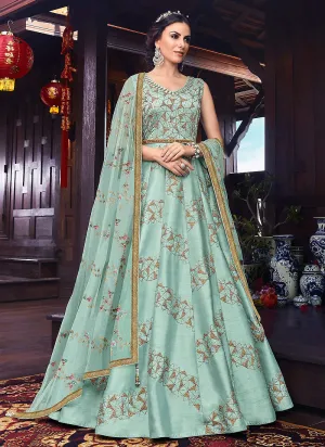 Light Blue Golden Embroidered Silk Anarkali Suit