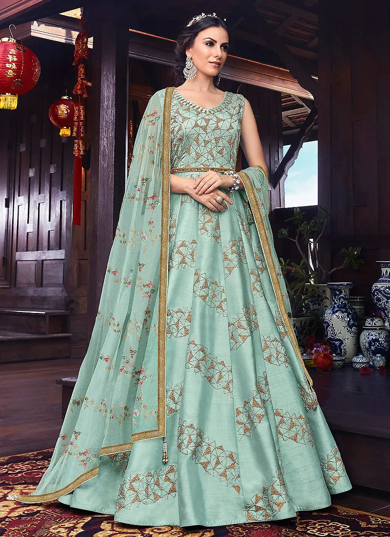 Light Blue Golden Embroidered Silk Anarkali Suit
