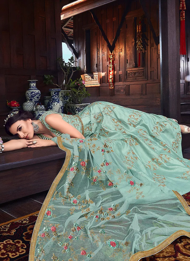 Light Blue Golden Embroidered Silk Anarkali Suit