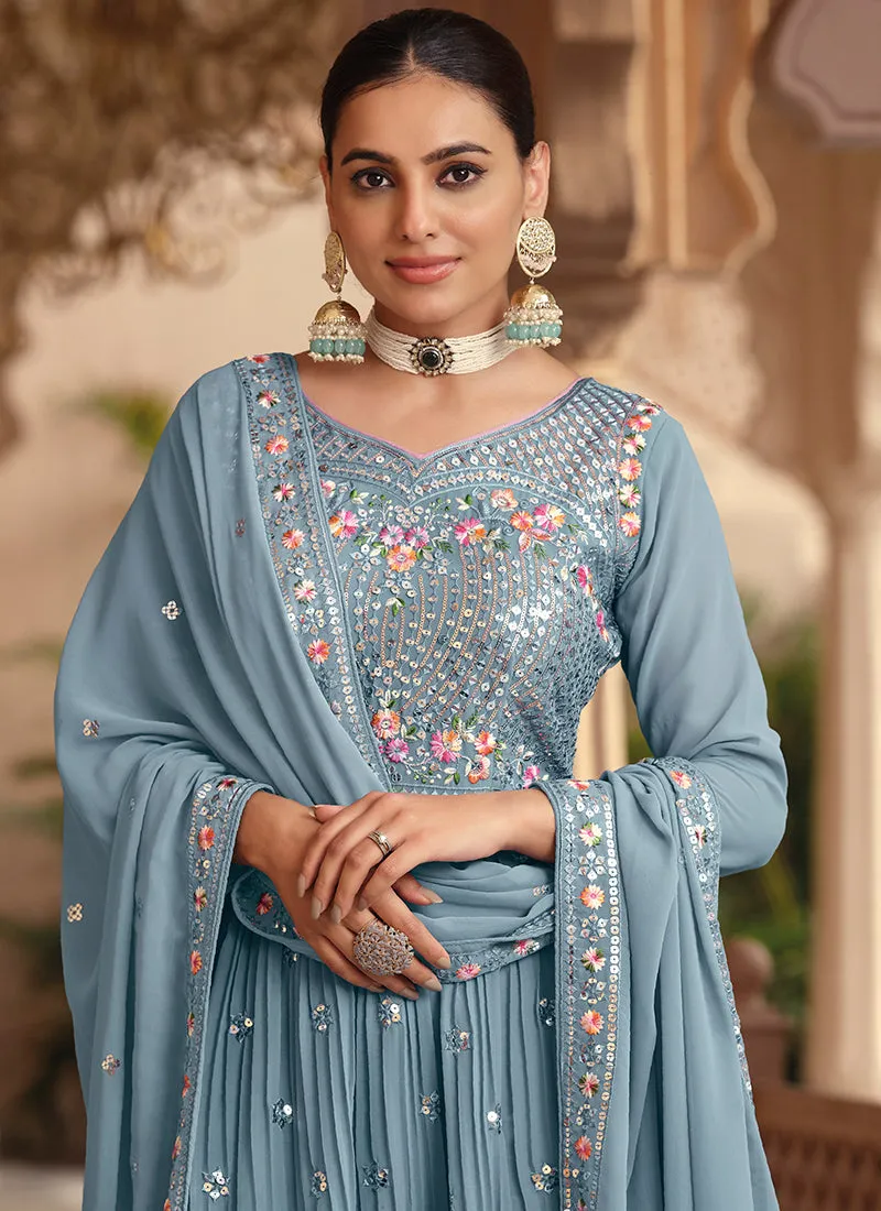 Light Blue Multi Embroidery Festive Anarkali Suit