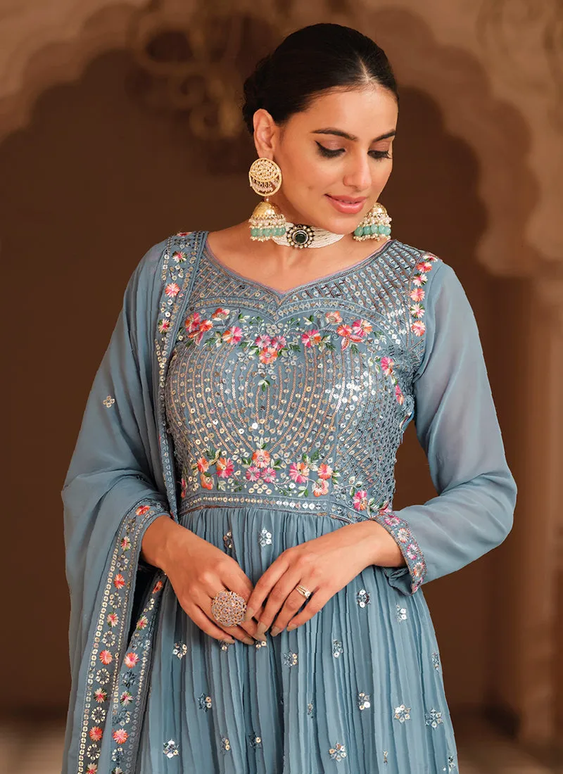 Light Blue Multi Embroidery Festive Anarkali Suit