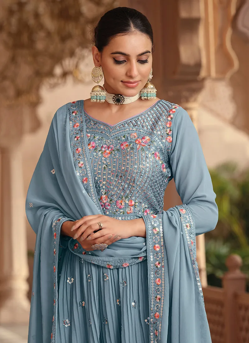 Light Blue Multi Embroidery Festive Anarkali Suit