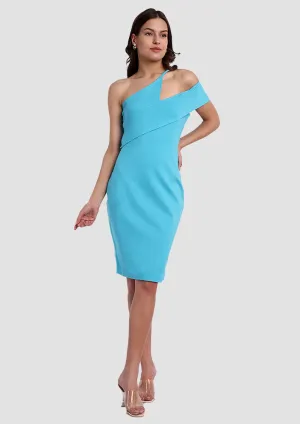 Light Blue One Shoulder Cut-Out Strap Detail Bodycon Midi Dress