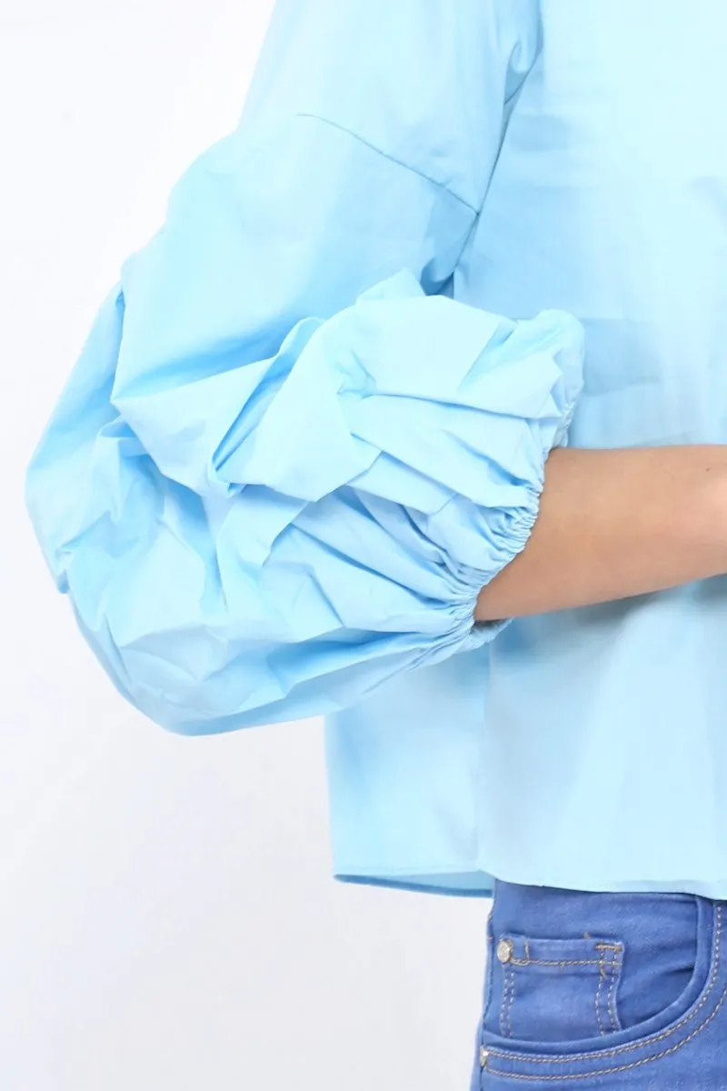 Light Blue Ruched Sleeve Top - Troy
