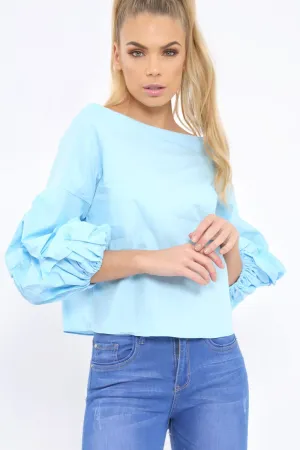 Light Blue Ruched Sleeve Top - Troy