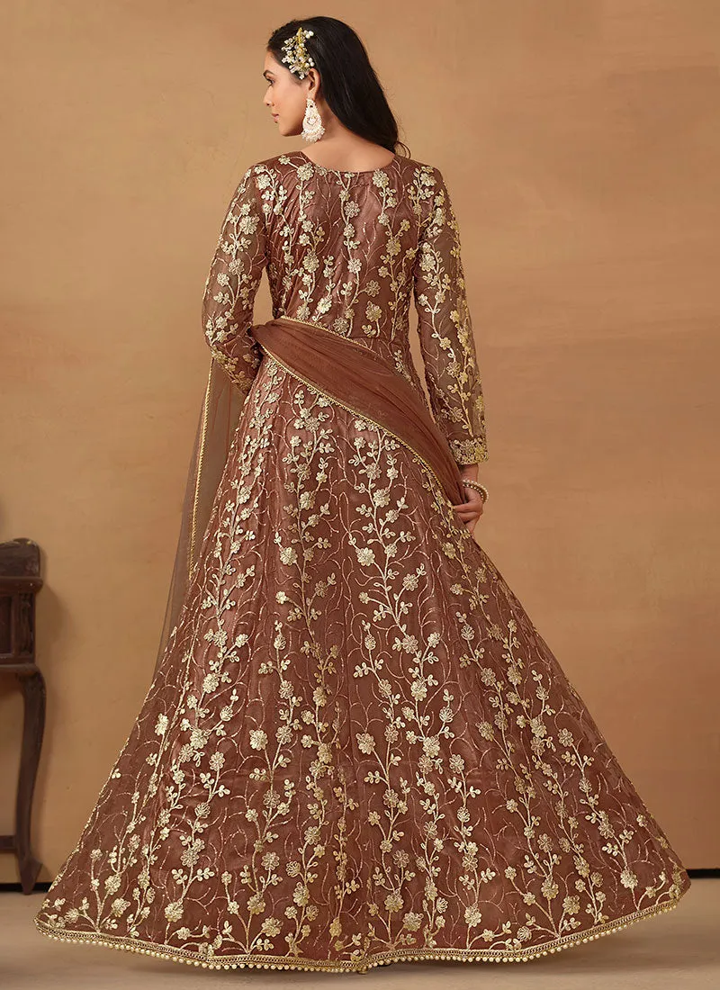 Light Brown Cording Embroidery Slit Style Anarkali Pant Suit