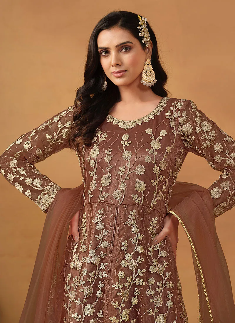 Light Brown Cording Embroidery Slit Style Anarkali Pant Suit
