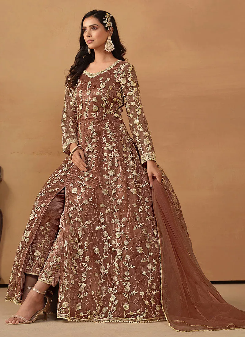 Light Brown Cording Embroidery Slit Style Anarkali Pant Suit