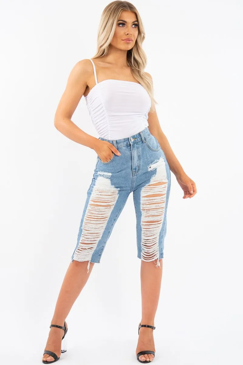 Light Denim Extreme Distressed Longline Shorts - Aaima