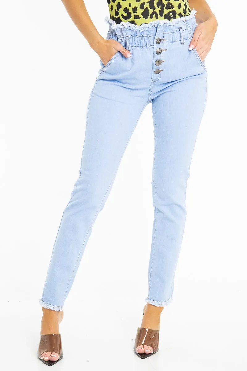 Light Denim High Waist Frilled Hem Paperbag Jeans - Cataleyah