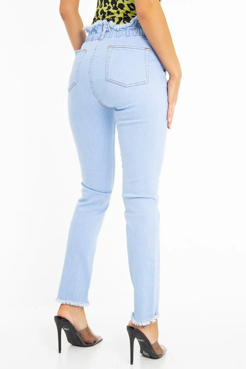 Light Denim High Waist Frilled Hem Paperbag Jeans - Cataleyah