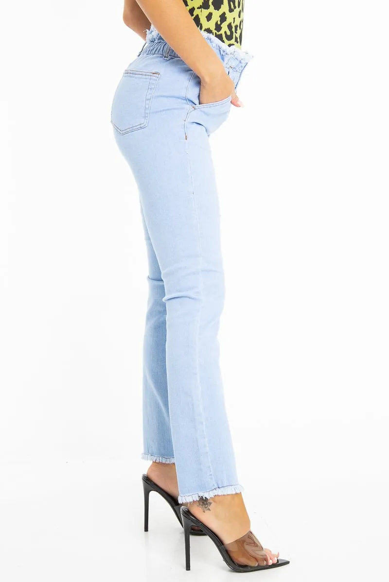 Light Denim High Waist Frilled Hem Paperbag Jeans - Cataleyah