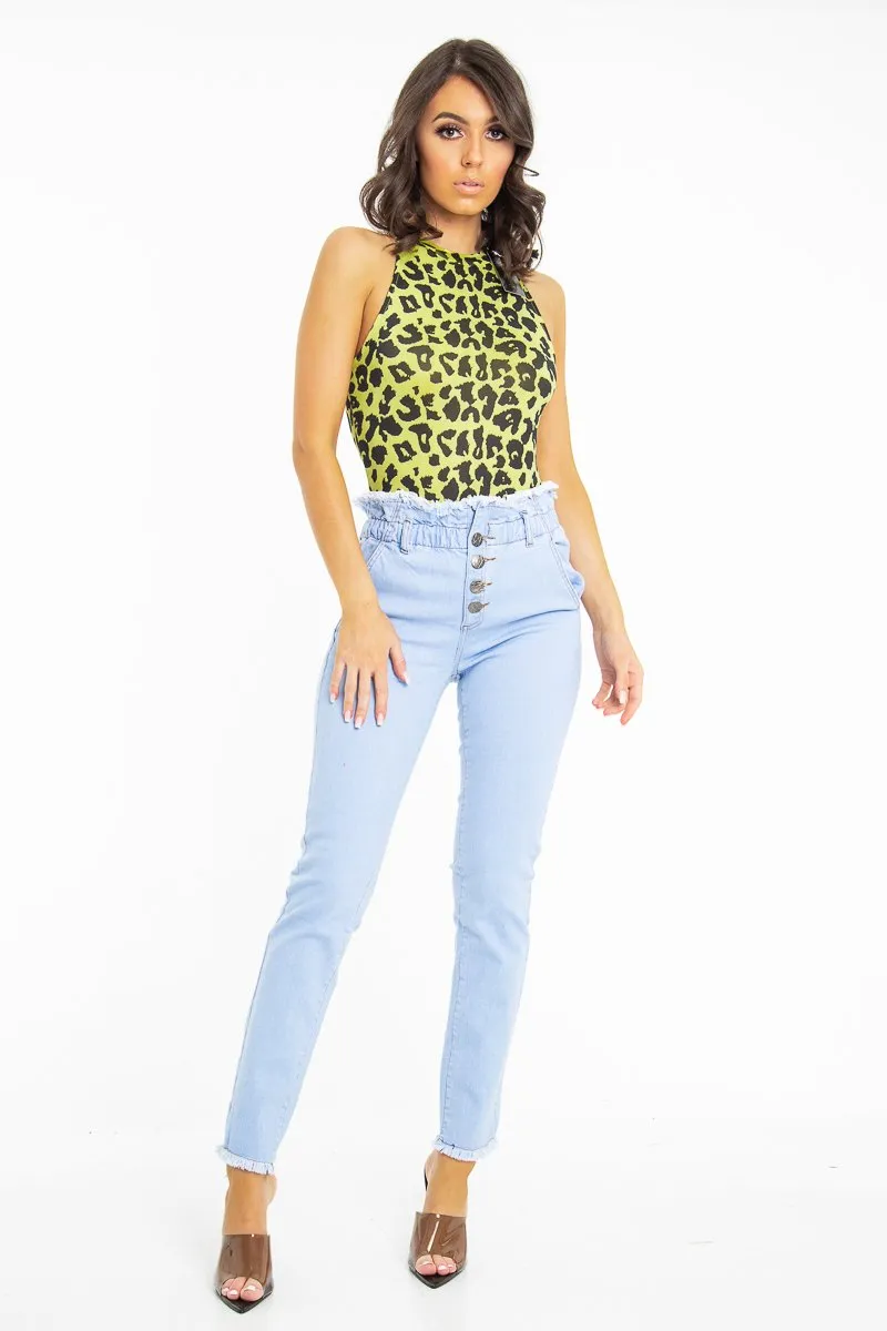 Light Denim High Waist Frilled Hem Paperbag Jeans - Cataleyah