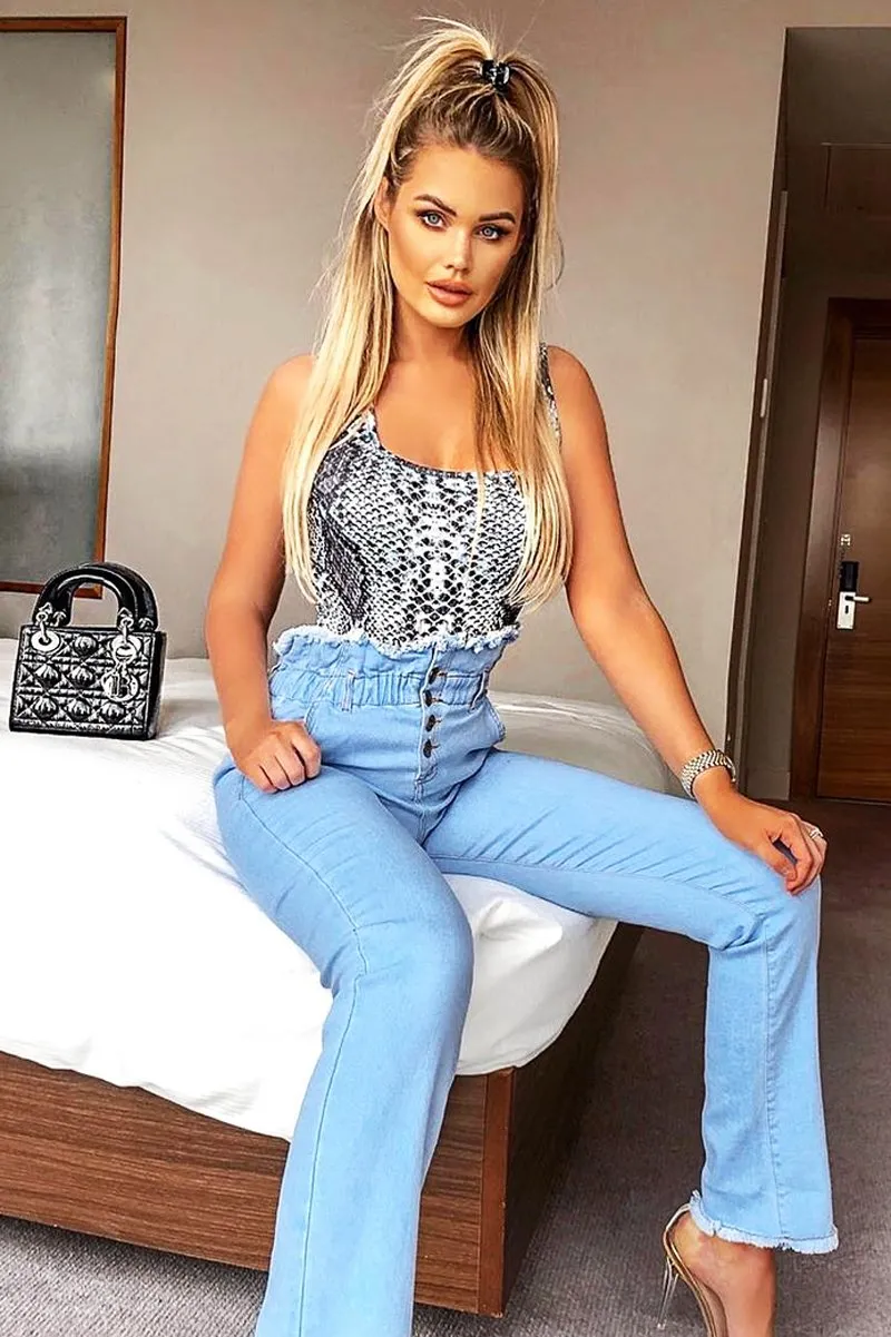 Light Denim High Waist Frilled Hem Paperbag Jeans - Cataleyah