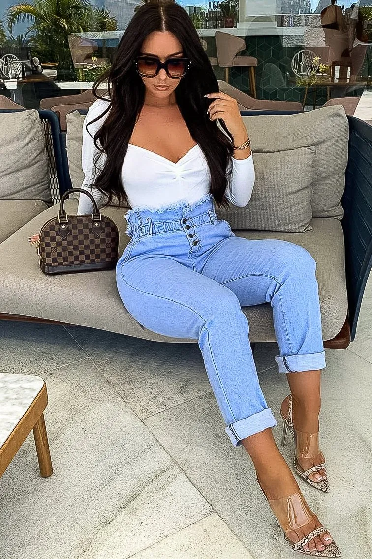 Light Denim High Waist Frilled Hem Paperbag Jeans - Cataleyah