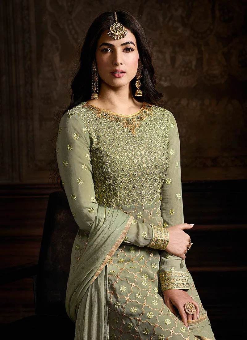 Light Green Embroidered Indo Western Style Sharara Suit