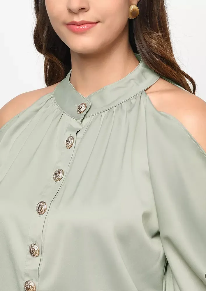 Light Green Satin Cold Shoulder Halter Neck Top