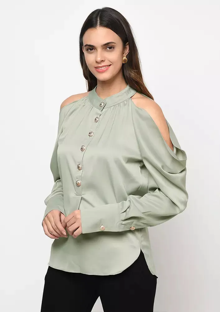 Light Green Satin Cold Shoulder Halter Neck Top