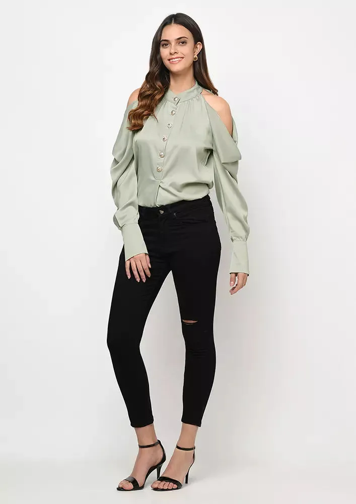 Light Green Satin Cold Shoulder Halter Neck Top