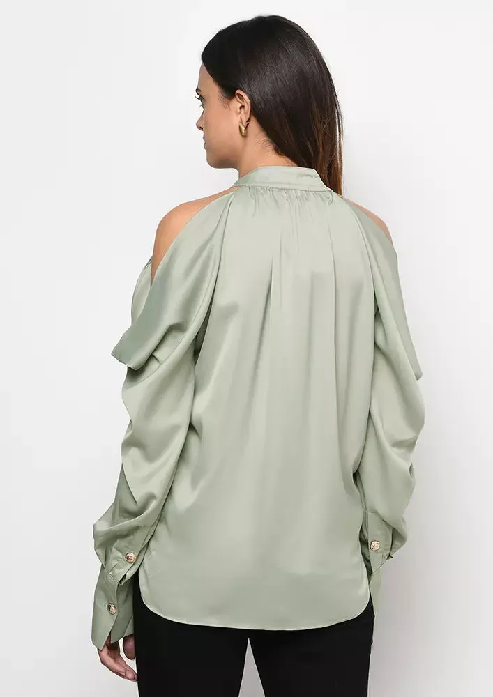 Light Green Satin Cold Shoulder Halter Neck Top