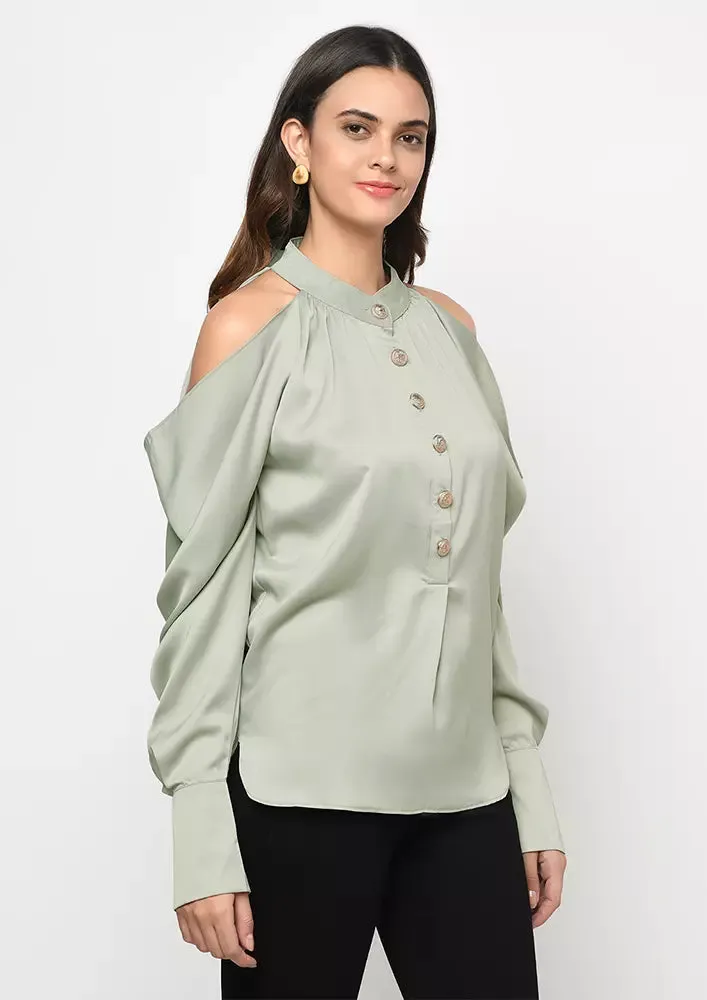 Light Green Satin Cold Shoulder Halter Neck Top
