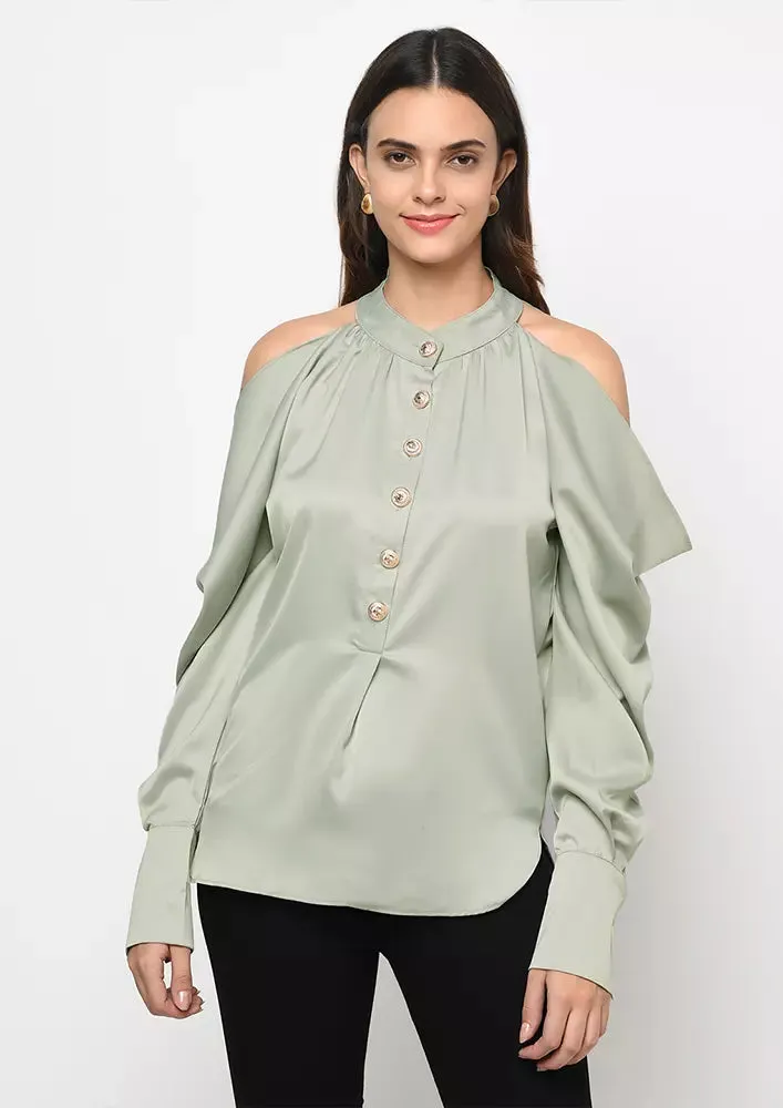 Light Green Satin Cold Shoulder Halter Neck Top