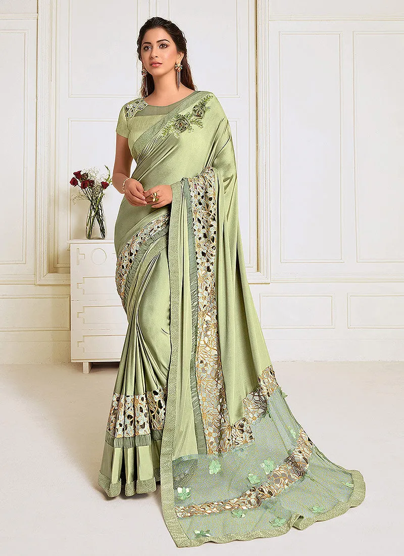 Light Green Sequence Embroidered Designer Saree