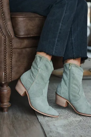 Light Olive Sueded Cowboy Ankle Boots