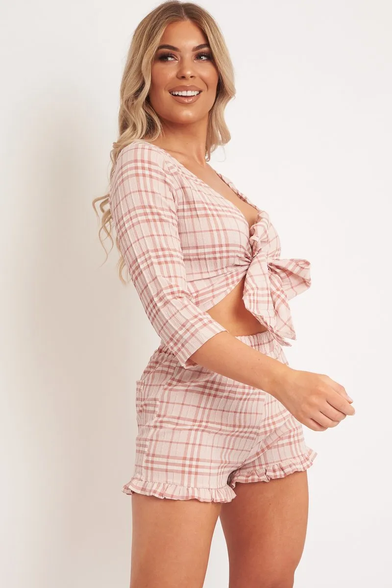 Light Pink Checked Crop Top and Frill Shorts - Vesa