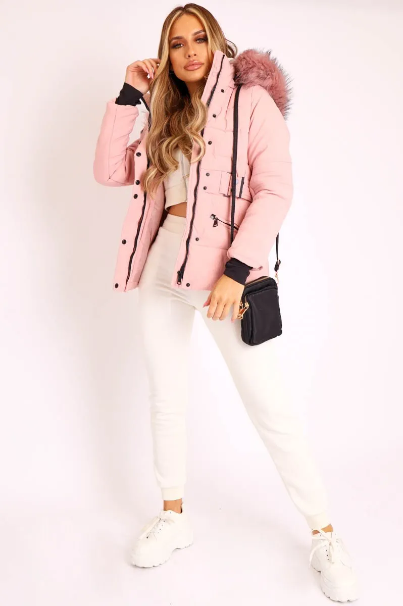 Light Pink Fur Trim Adjustable Waist Puffer Coat - Rossie