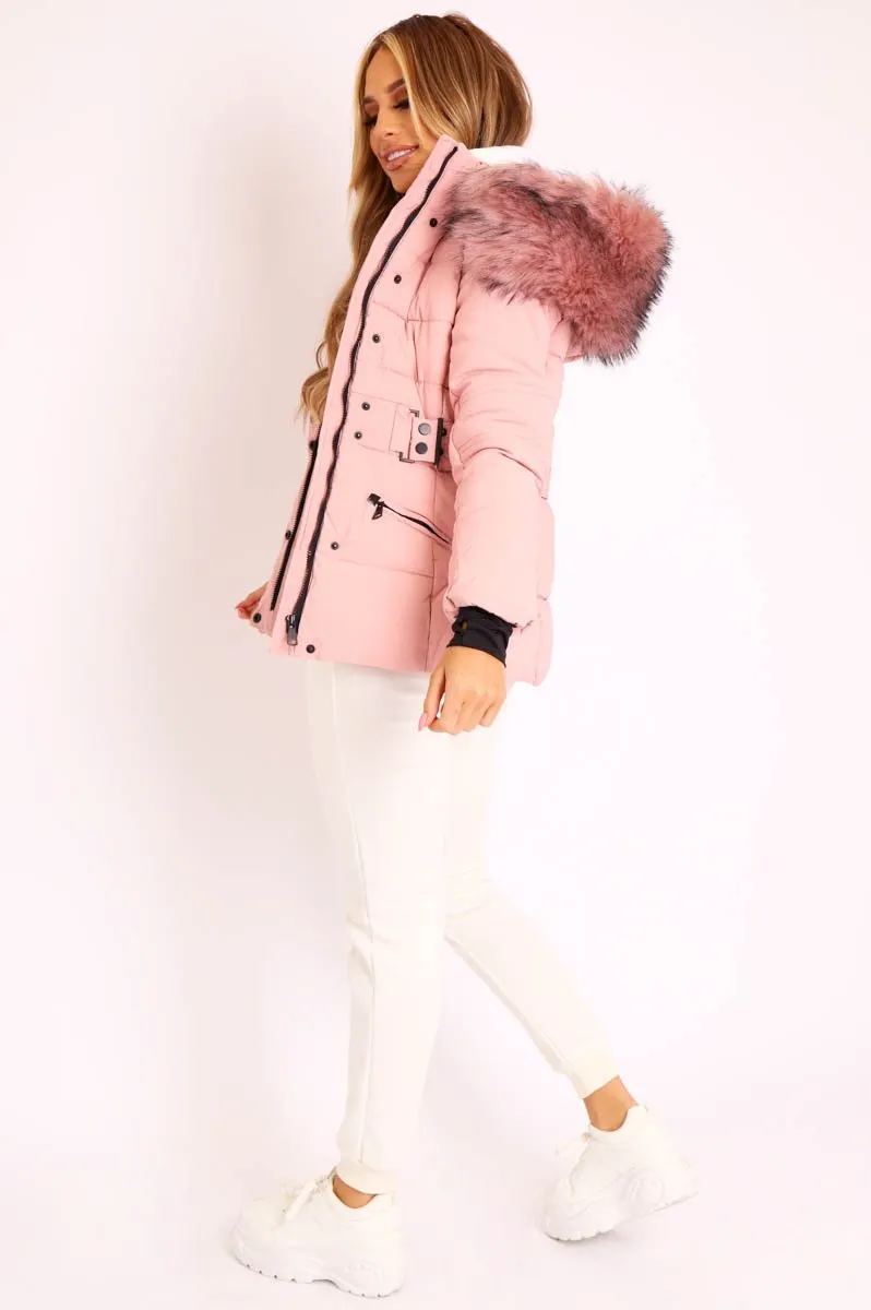 Light Pink Fur Trim Adjustable Waist Puffer Coat - Rossie