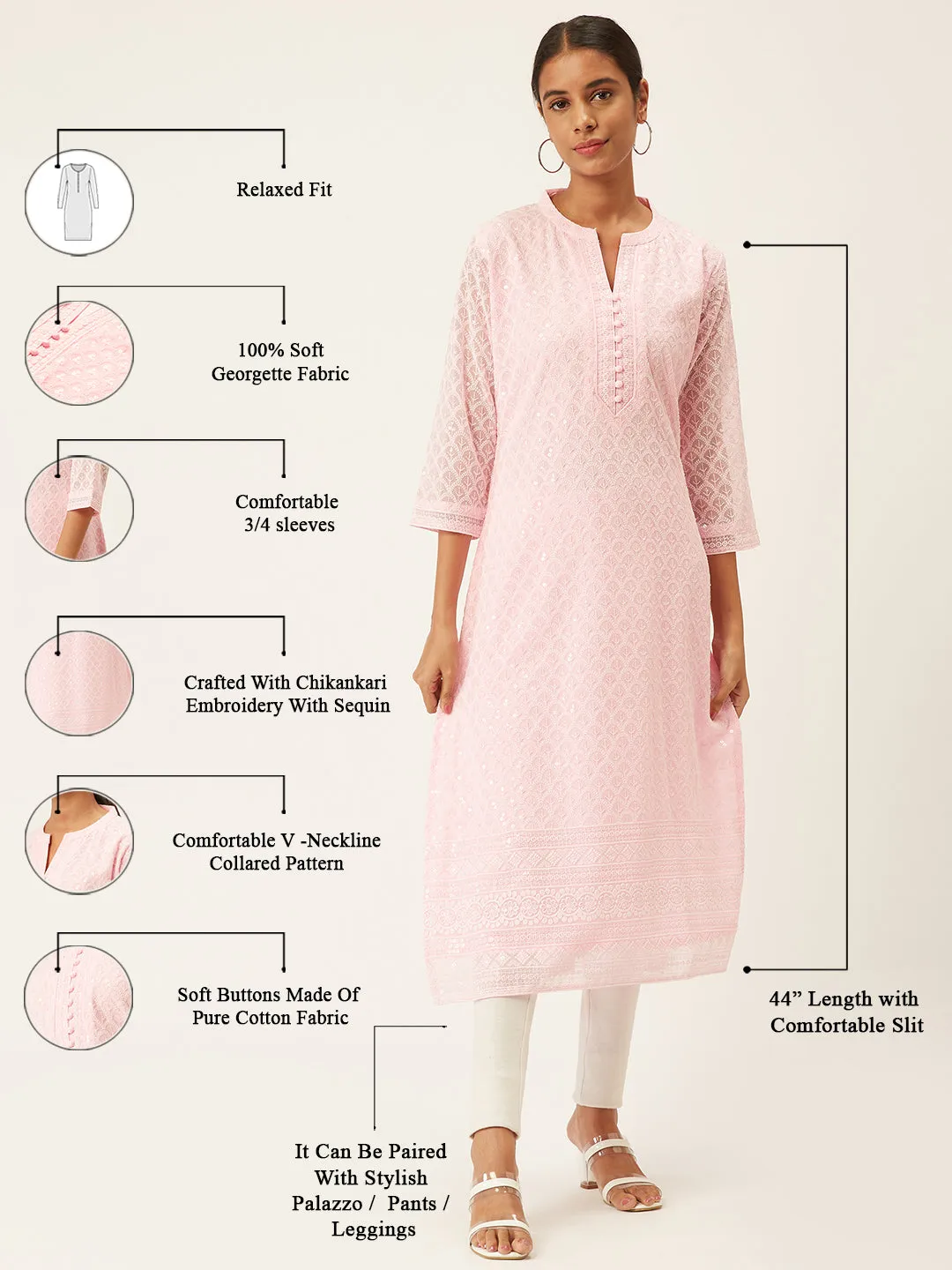 Light Pink Georgette Mandarin Collar 3/4th Sleeves Chikankari Embroidery Ethnic Wear Kurta for Women - ZOLA