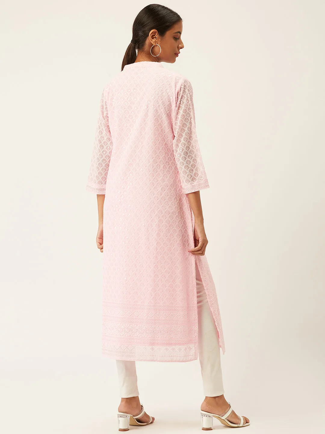 Light Pink Georgette Mandarin Collar 3/4th Sleeves Chikankari Embroidery Ethnic Wear Kurta for Women - ZOLA