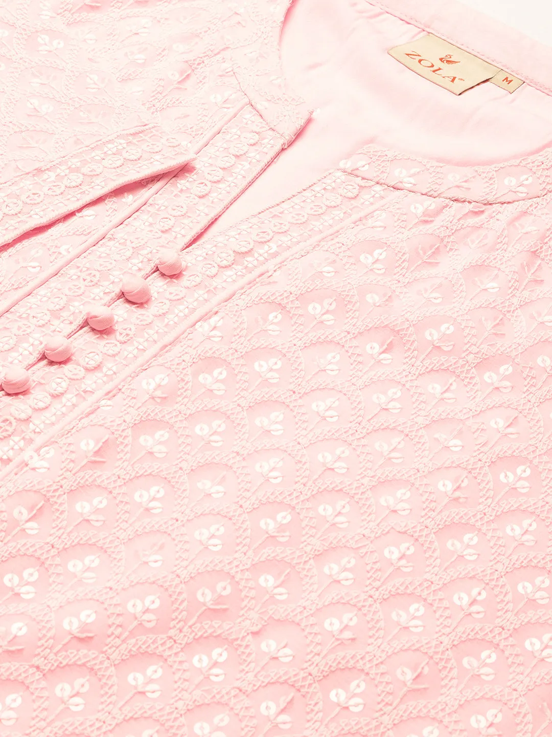 Light Pink Georgette Mandarin Collar 3/4th Sleeves Chikankari Embroidery Ethnic Wear Kurta for Women - ZOLA