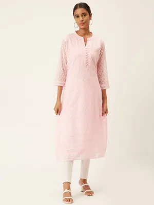Light Pink Georgette Mandarin Collar 3/4th Sleeves Chikankari Embroidery Ethnic Wear Kurta for Women - ZOLA