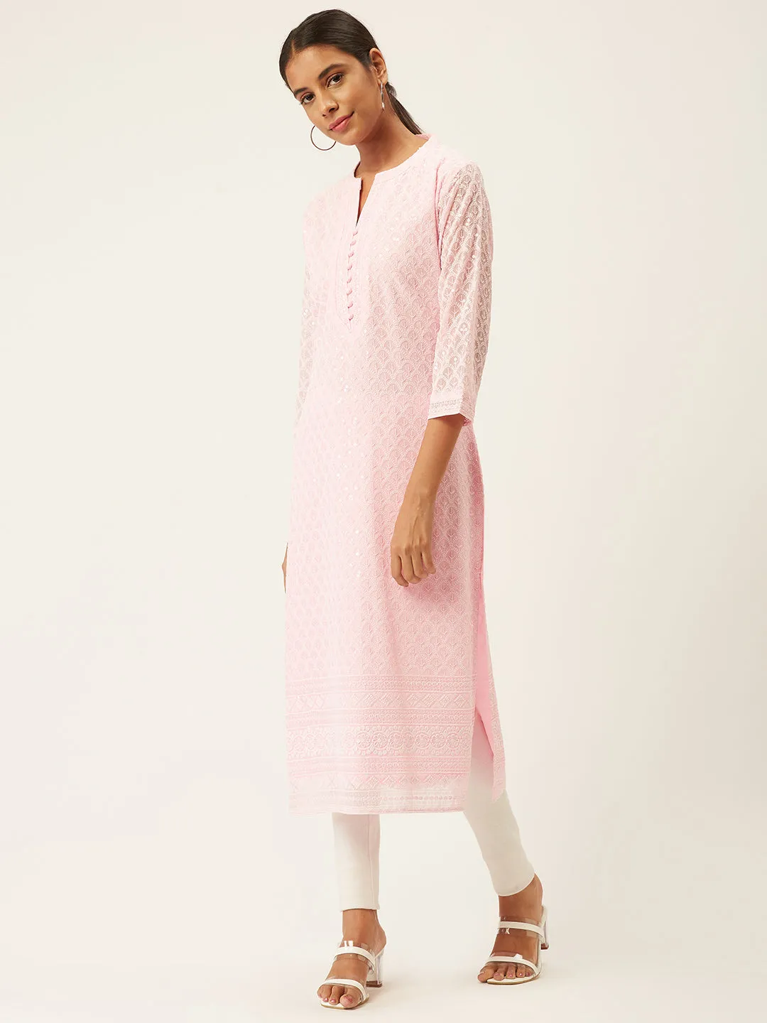 Light Pink Georgette Mandarin Collar 3/4th Sleeves Chikankari Embroidery Ethnic Wear Kurta for Women - ZOLA