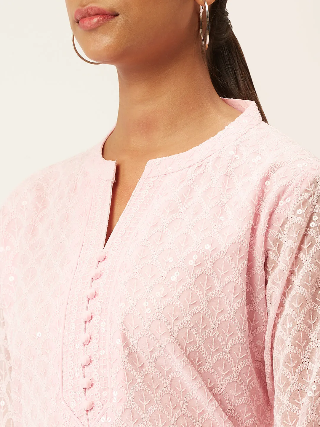 Light Pink Georgette Mandarin Collar 3/4th Sleeves Chikankari Embroidery Ethnic Wear Kurta for Women - ZOLA