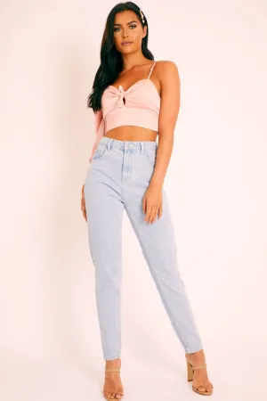 Light Pink Satin Tie Detail One Sleeve Crop Top - Joni