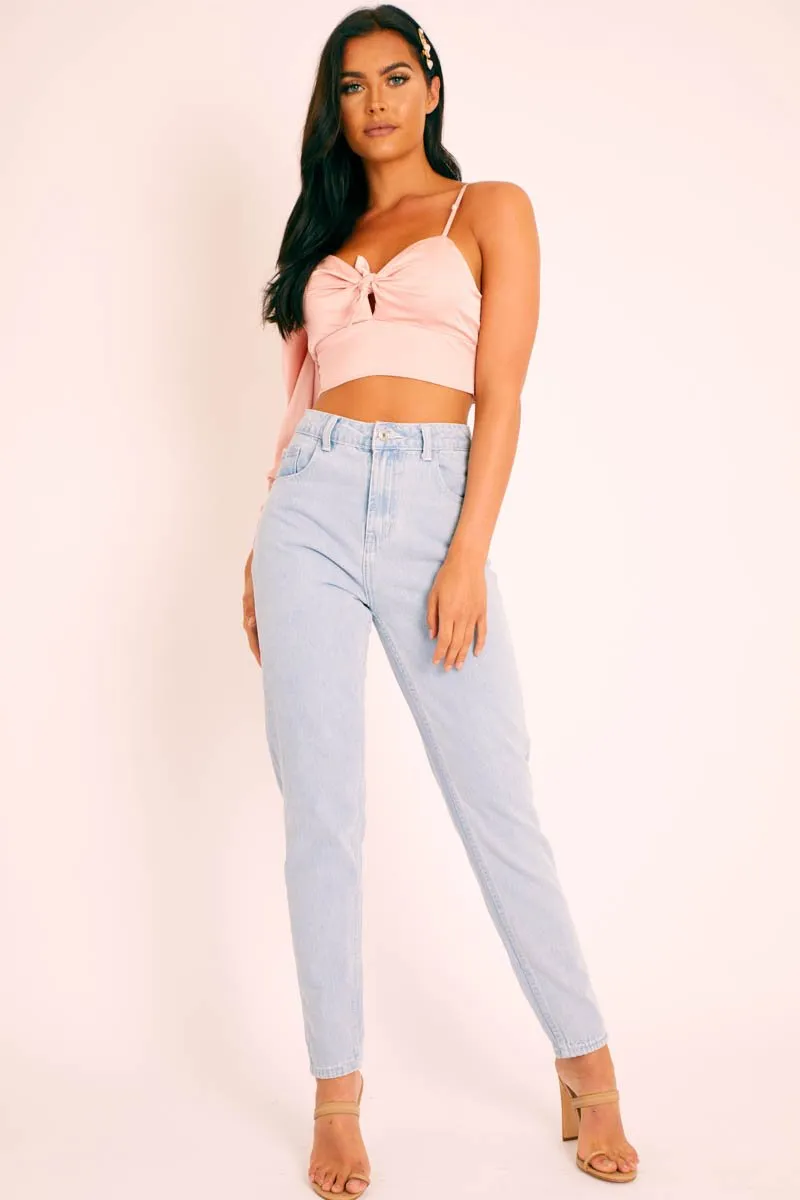 Light Pink Satin Tie Detail One Sleeve Crop Top - Joni