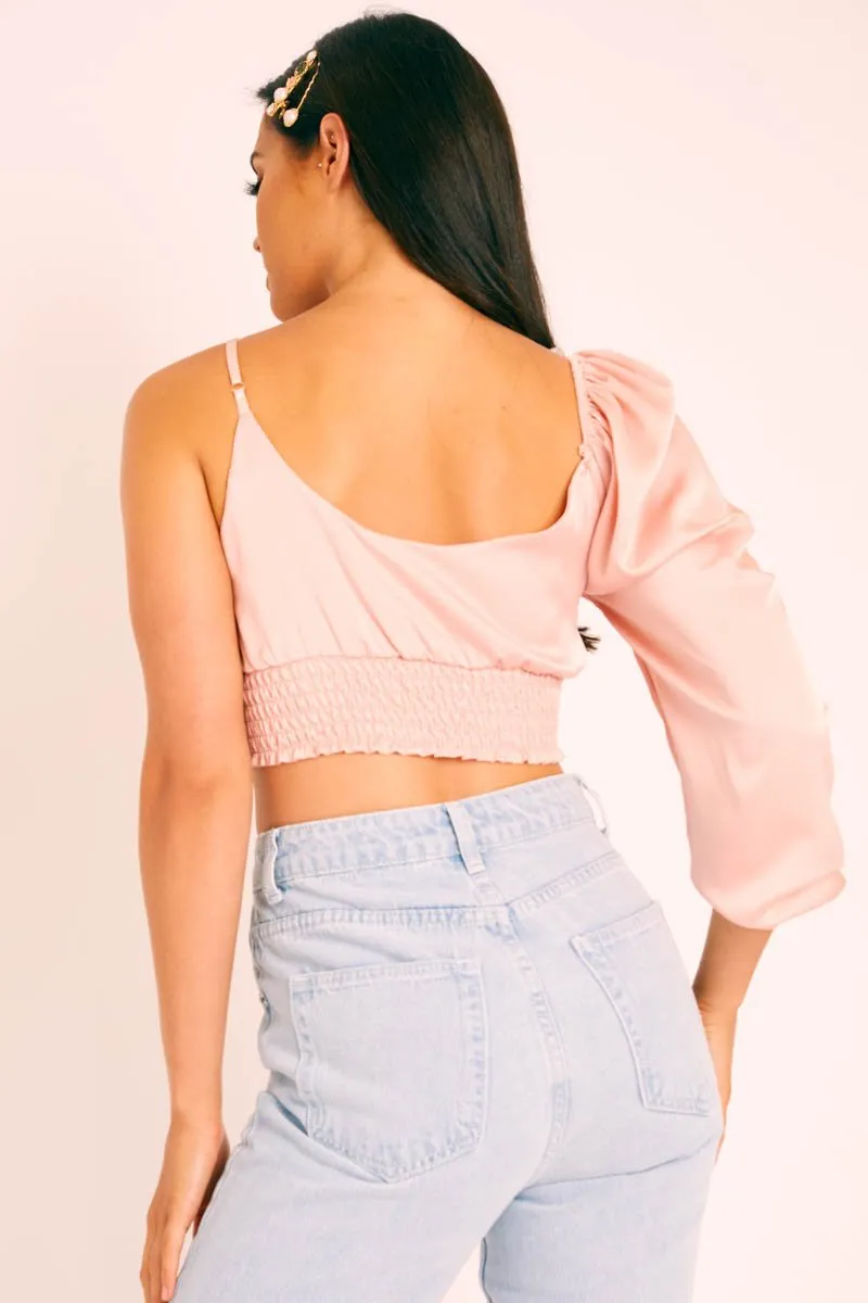 Light Pink Satin Tie Detail One Sleeve Crop Top - Joni