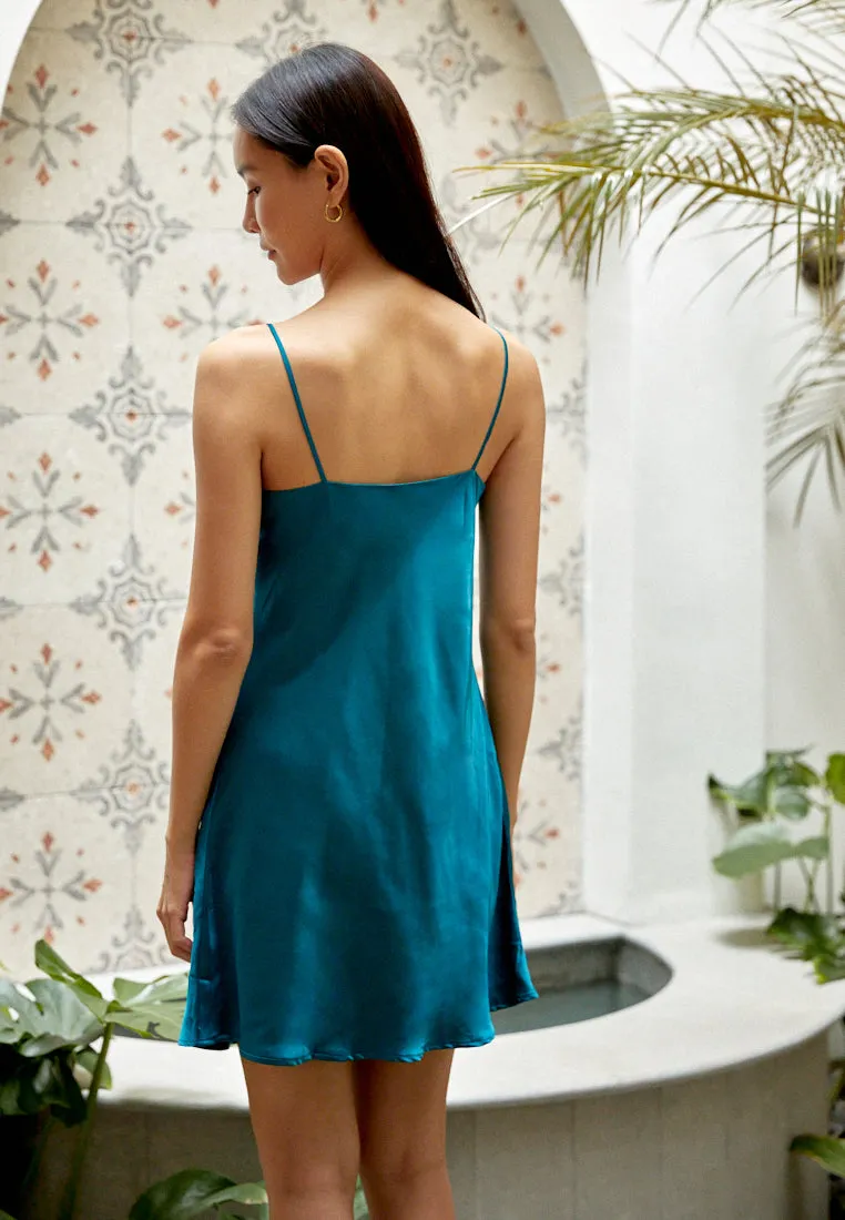 LIGHT SATIN SILK SLIP DRESS TEAL GREEN